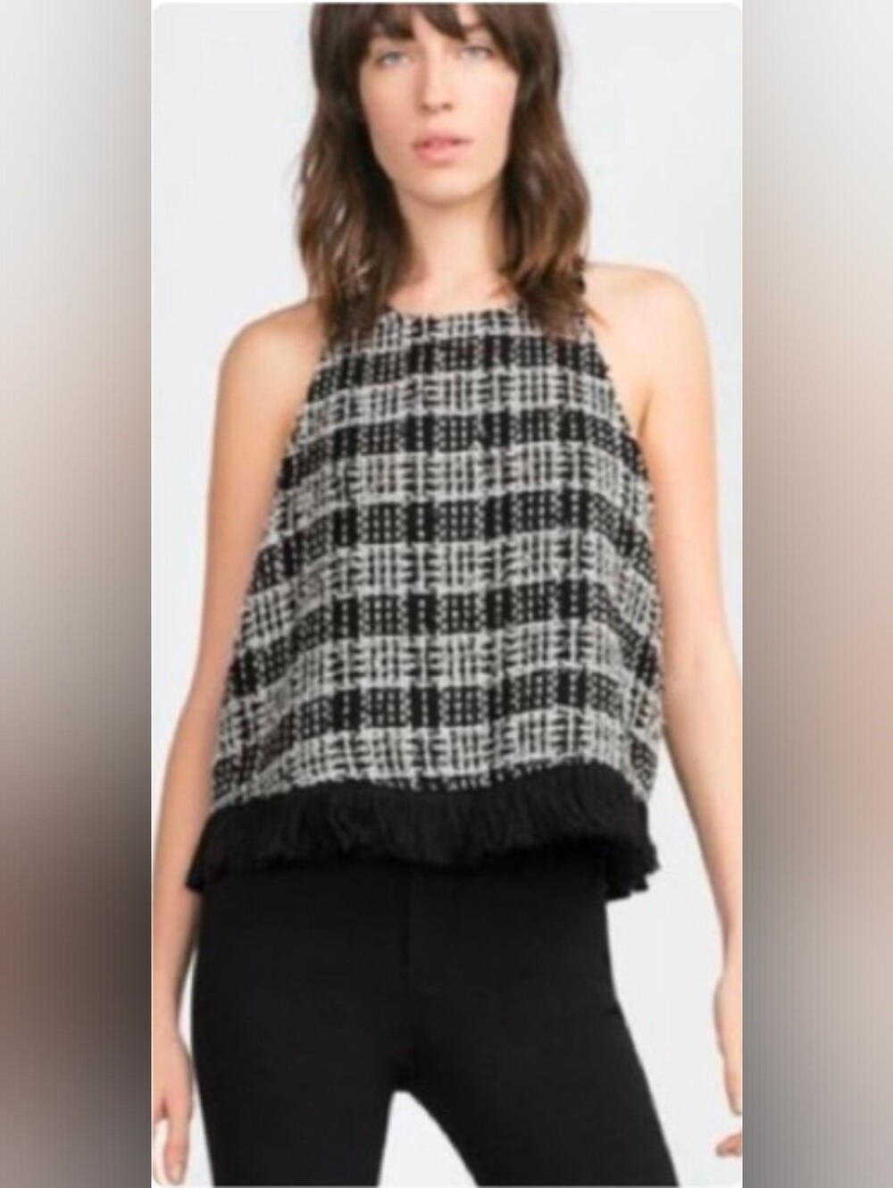 LN Zara Black & White Tweed Fringe Top